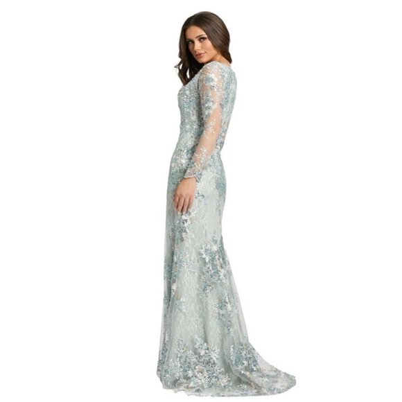 Mac Duggal Size 18 Green Embellished 67539 V-Neck Long Sleeve Formal Gown dress - Picture 3 of 13